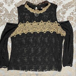 Cato Black Lace Cold Shoulder Blouse with Gold Detailing